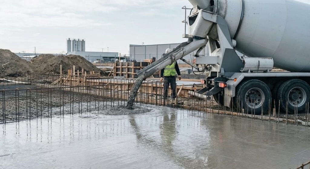 Pompobeton z pompą podaje beton na budowie, zapewniając ciągłą dostawę bez przestojów